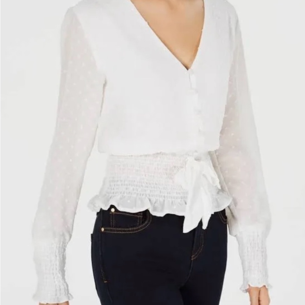 White Tie Front Smocked Blouse